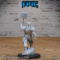 Orc paladin seen from behind with war hammer raised high, showing spiked pauldrons, layered back armour, belted tabard, and fur-trimmed boots on a rocky rubble base. Sculpt by Epic Miniatures.
