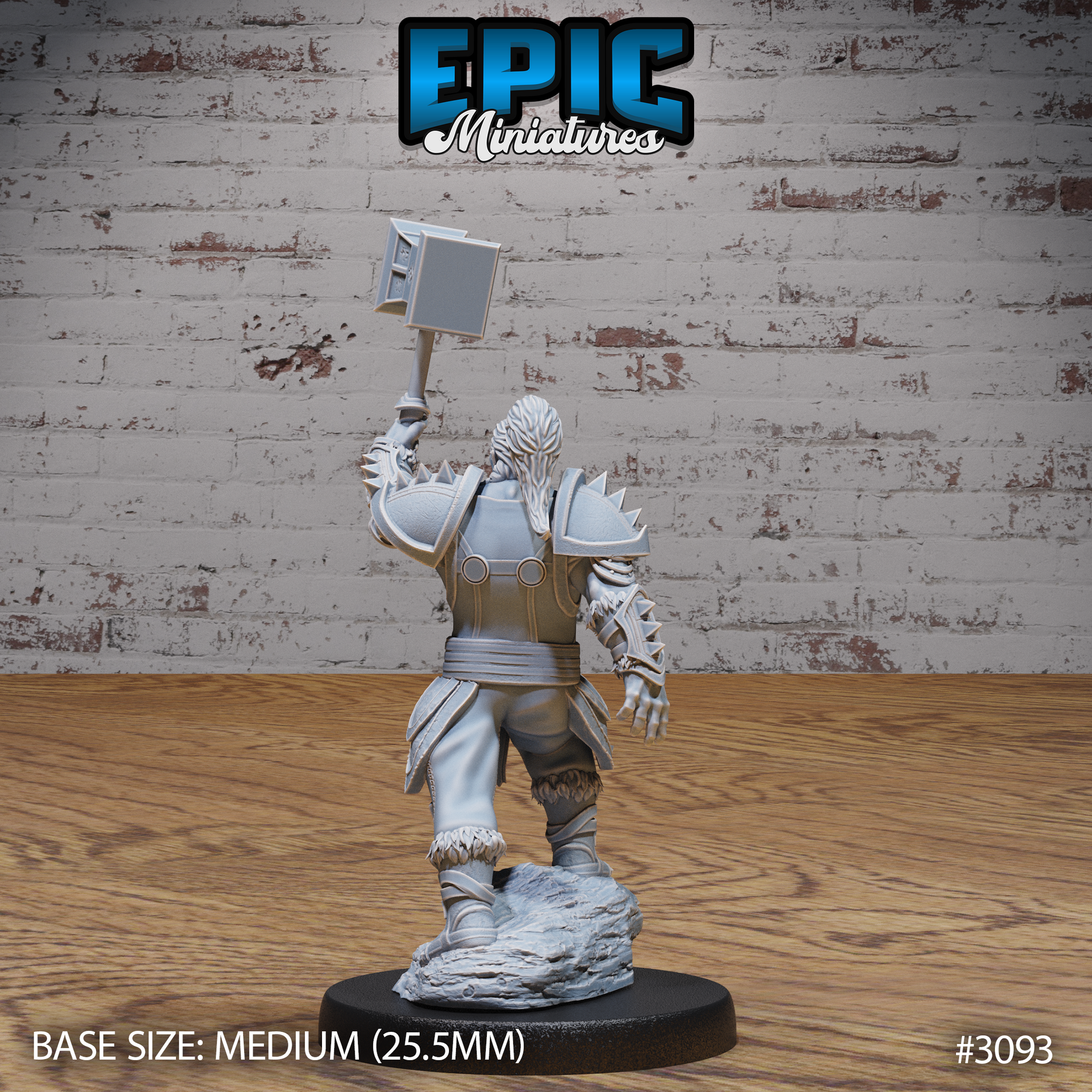 Orc paladin seen from behind with war hammer raised high, showing spiked pauldrons, layered back armour, belted tabard, and fur-trimmed boots on a rocky rubble base. Sculpt by Epic Miniatures.