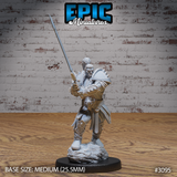 Orc paladin raising a longsword in a two-handed guard, wearing spiked pauldrons and engraved plate armour with a fringed sash, stepping forward on a rocky scenic base. Sculpt by Epic Miniatures.