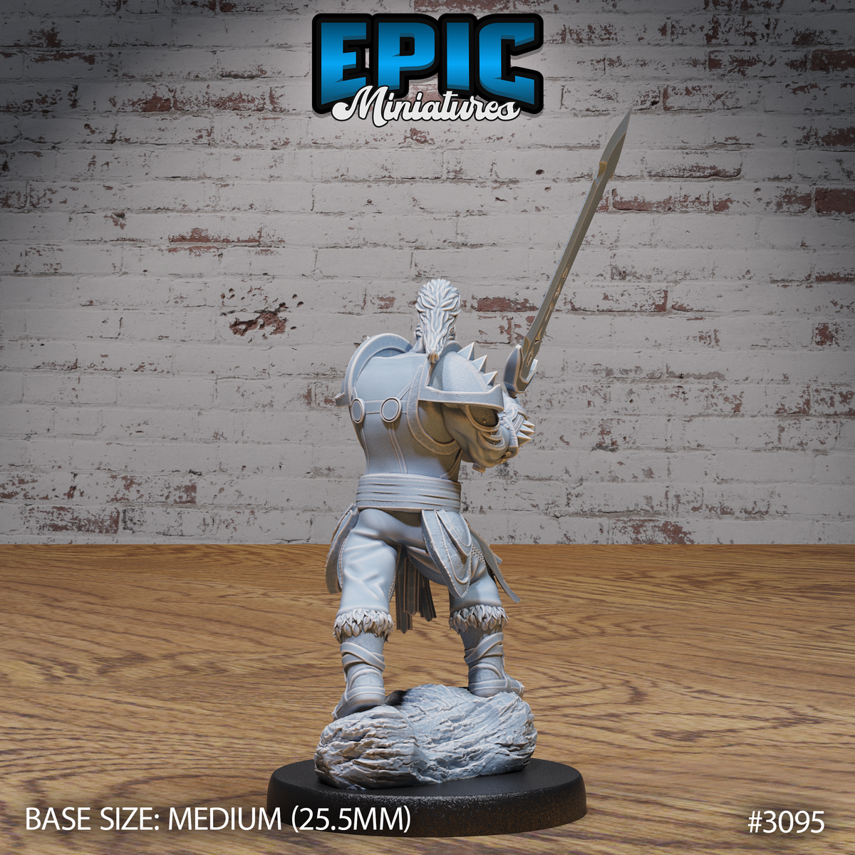 Orc paladin from behind, showing a decorated avian mask or emblem mounted at the collar, spiked shoulder armour, fur-trimmed greaves, and longsword raised overhead. Sculpt by Epic Miniatures.
