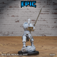 Orc paladin from behind, showing a decorated avian mask or emblem mounted at the collar, spiked shoulder armour, fur-trimmed greaves, and longsword raised overhead. Sculpt by Epic Miniatures.