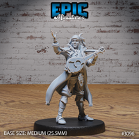 Bard miniature in a dynamic forward pose, strumming a lute with one arm raised theatrically, wearing a feathered cap, long layered coat, and buckled boots. Sculpt by Epic Miniatures.