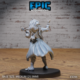 Bard miniature seen from behind, showing long flowing hair, sweeping coat tails mid-motion, and one arm raised upward, lute visible over the shoulder. Sculpt by Epic Miniatures.