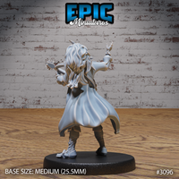 Bard miniature seen from behind, showing long flowing hair, sweeping coat tails mid-motion, and one arm raised upward, lute visible over the shoulder. Sculpt by Epic Miniatures.