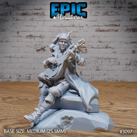 Seated bard miniature strumming a lute, one leg crossed, wearing a layered coat and buckled boots, long wild hair, poised on a faceted rocky base. Sculpt by Epic Miniatures.