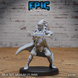 Female bard in a wide combat stance levelling a hand crossbow, wearing a feathered hat, layered coat, flowing cape, and an ornate chest medallion. Sculpt by Epic Miniatures.