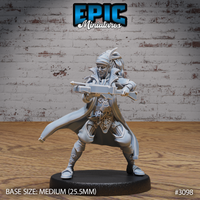 Female bard in a wide combat stance levelling a hand crossbow, wearing a feathered hat, layered coat, flowing cape, and an ornate chest medallion. Sculpt by Epic Miniatures.