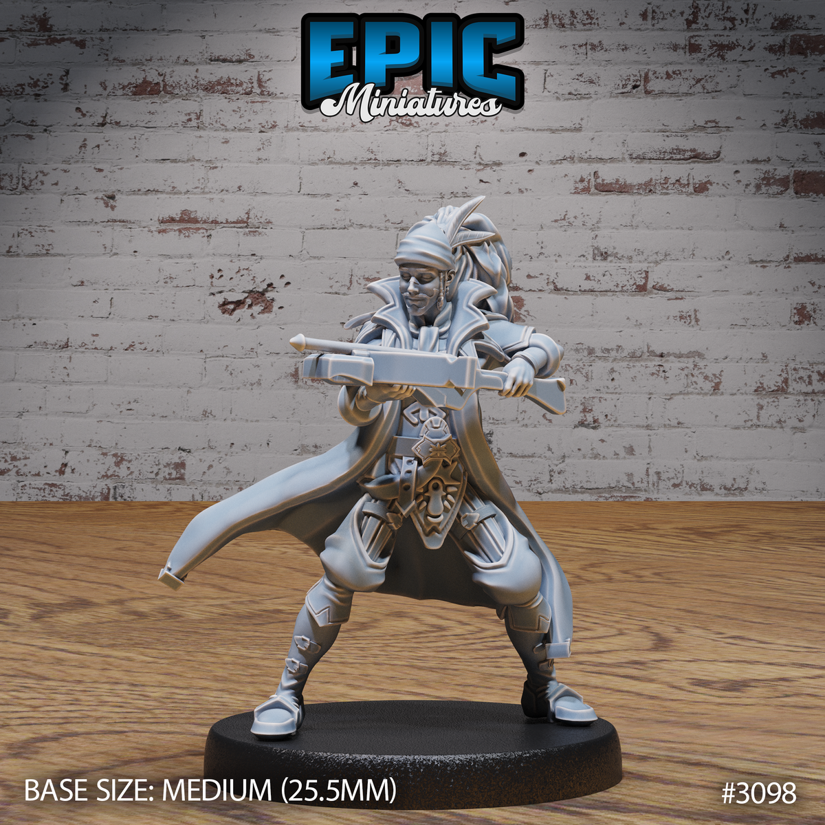 Female bard in a wide combat stance levelling a hand crossbow, wearing a feathered hat, layered coat, flowing cape, and an ornate chest medallion. Sculpt by Epic Miniatures.
