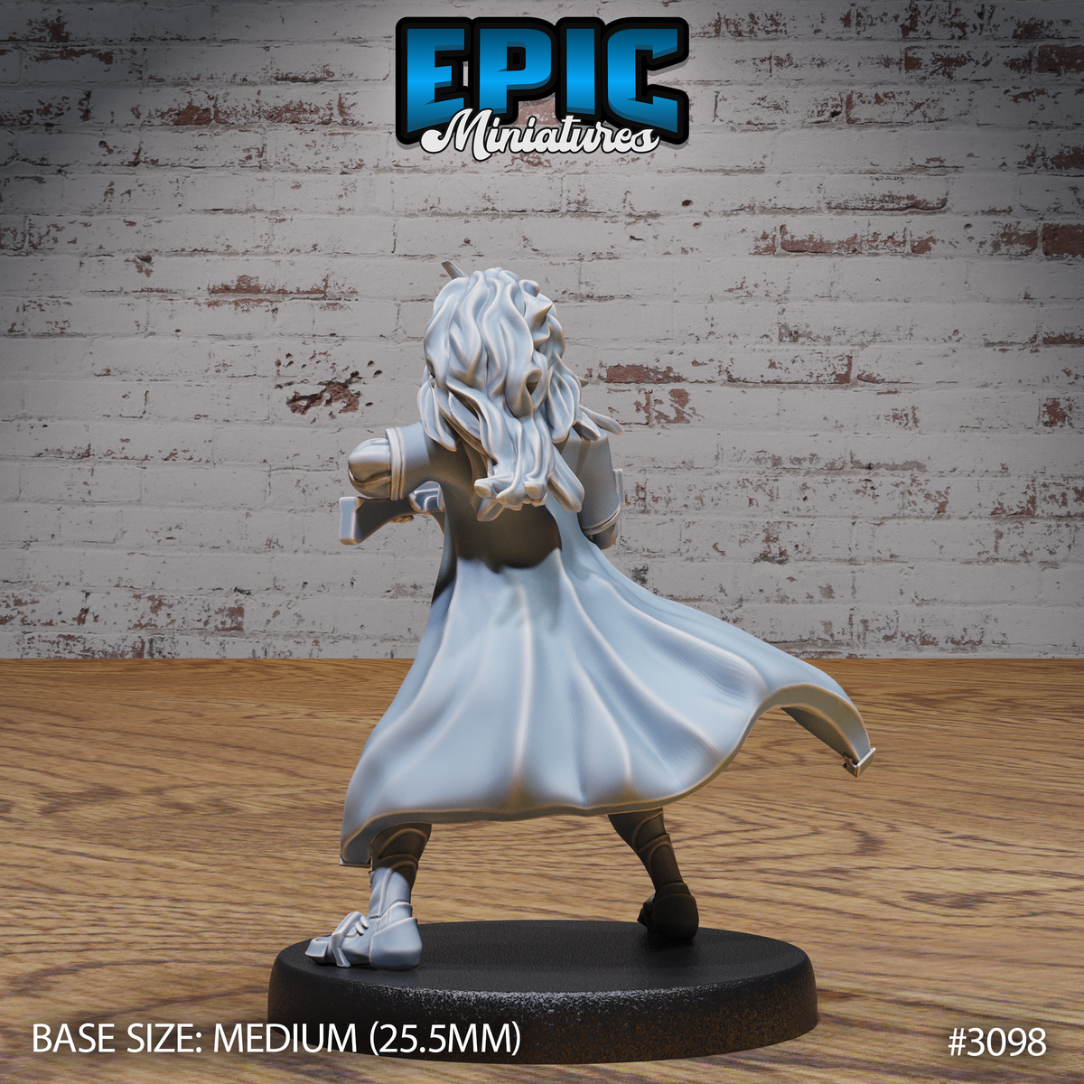 Female bard from behind showing a full sweep of long wild hair, billowing cape, structured shoulder armour, and buckled coat. Sculpt by Epic Miniatures.