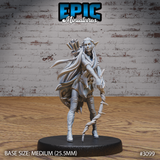 Female elf ranger standing in a composed ready stance, holding a gnarled wooden staff at her side, with a feather-fletched quiver at her back. Long flowing hair, pointed ears, layered leather armour, tall boots. Sculpt by Epic Miniatures.