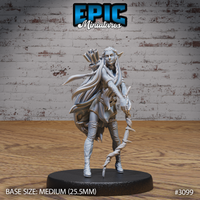 Female elf ranger standing in a composed ready stance, holding a gnarled wooden staff at her side, with a feather-fletched quiver at her back. Long flowing hair, pointed ears, layered leather armour, tall boots. Sculpt by Epic Miniatures.