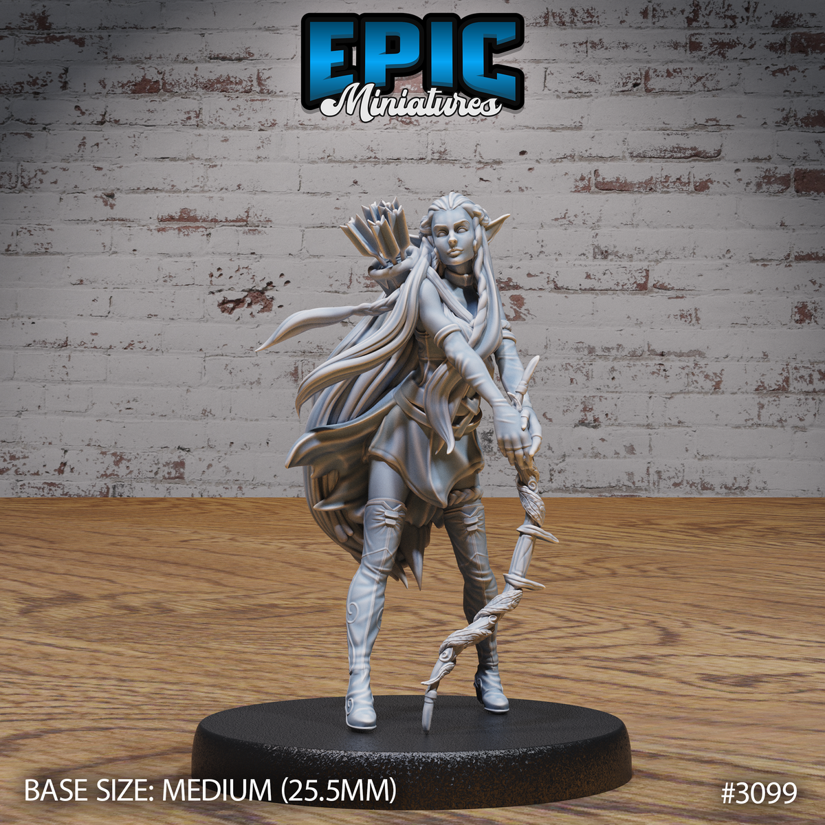 Female elf ranger standing in a composed ready stance, holding a gnarled wooden staff at her side, with a feather-fletched quiver at her back. Long flowing hair, pointed ears, layered leather armour, tall boots. Sculpt by Epic Miniatures.