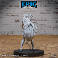 Female elf ranger viewed from behind, showing long flowing hair with a braided crown, a full quiver of arrows across her back, and a twisted wooden staff held low. Layered leather coat and fitted boots. Sculpt by Epic Miniatures.