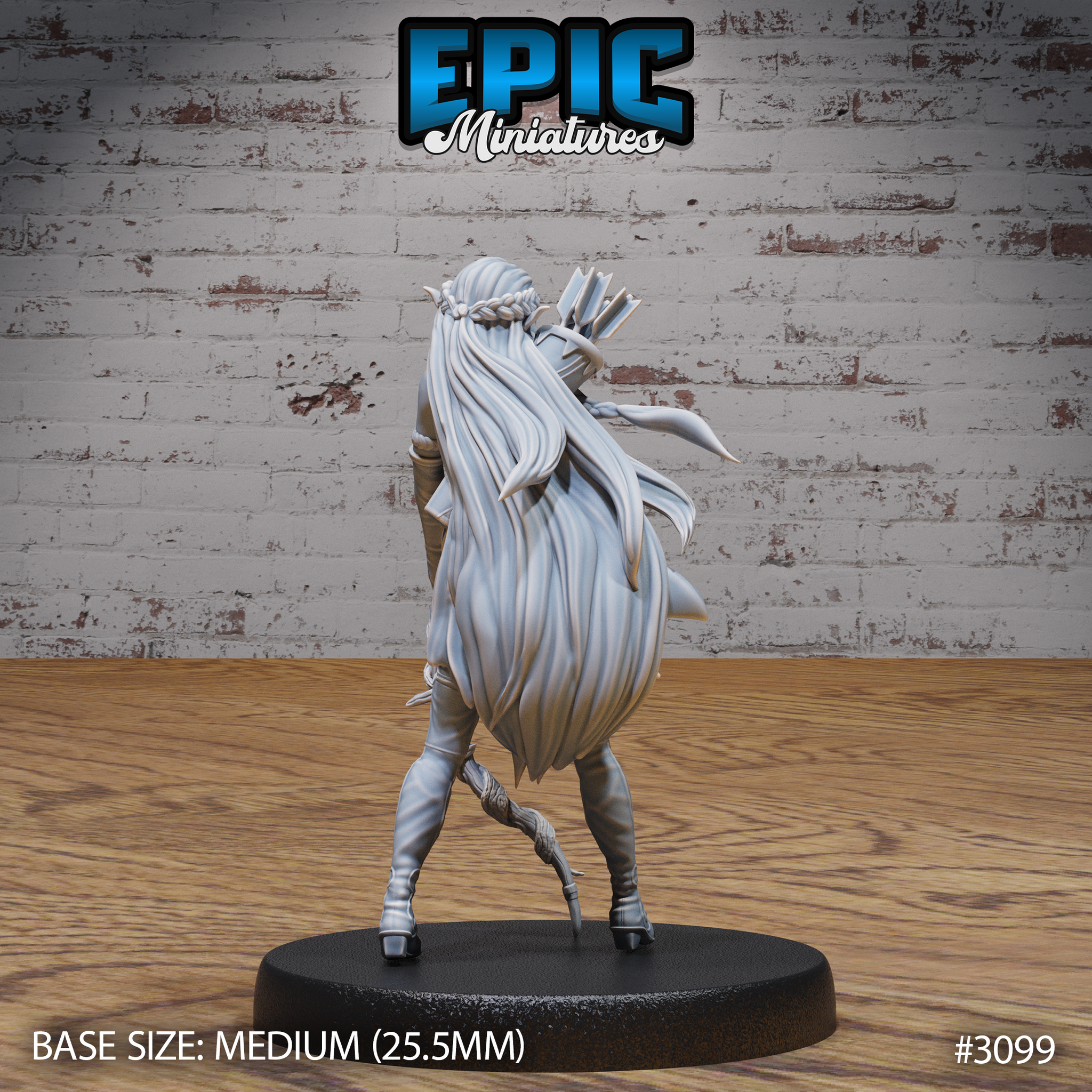 Female elf ranger viewed from behind, showing long flowing hair with a braided crown, a full quiver of arrows across her back, and a twisted wooden staff held low. Layered leather coat and fitted boots. Sculpt by Epic Miniatures.