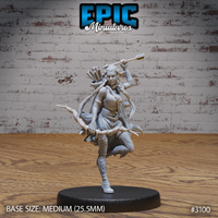 Female elf ranger balanced on one foot with knee raised, holding an arrow overhead in her right hand, ornate bow at her side, quiver on her back, long flowing coat and twin braids. Sculpt by Epic Miniatures.