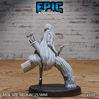 Rear view of a female elf ranger seated on a sweeping branch base, showing a full quiver, long flowing braided hair, layered travelling coat, and detailed bark texture on the base. Sculpt by Epic Miniatures.