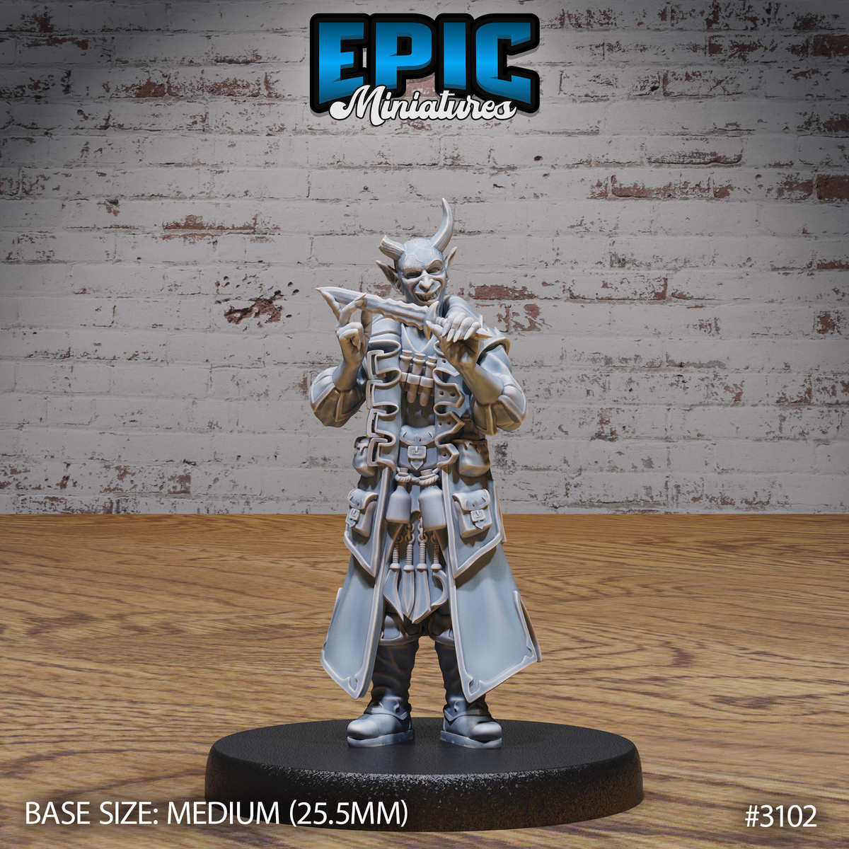 Tiefling rogue miniature facing forward, holding a dagger raised across the chest, wearing a longcoat covered in straps, pouches and sheaths, with small horns and pointed ears. Sculpt by Epic Miniatures.