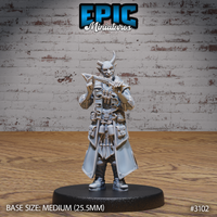 Tiefling rogue miniature facing forward, holding a dagger raised across the chest, wearing a longcoat covered in straps, pouches and sheaths, with small horns and pointed ears. Sculpt by Epic Miniatures.