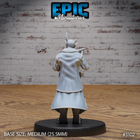 Tiefling rogue miniature seen from behind, showing the full sweep of a long belted coat with smooth folds, small horns visible above the head, dagger raised at shoulder height. Sculpt by Epic Miniatures.