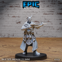 Tiefling rogue levelling a hand crossbow straight ahead, wearing a long layered coat with pauldrons, throwing daggers at the belt, small horns curling back from the brow. Sculpt by Epic Miniatures.
