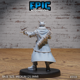 Tiefling rogue seen from behind, crossbow extended and aimed, full quiver of bolts strapped across the back, long coat falling to mid-calf, horns and pointed ears visible. Sculpt by Epic Miniatures.
