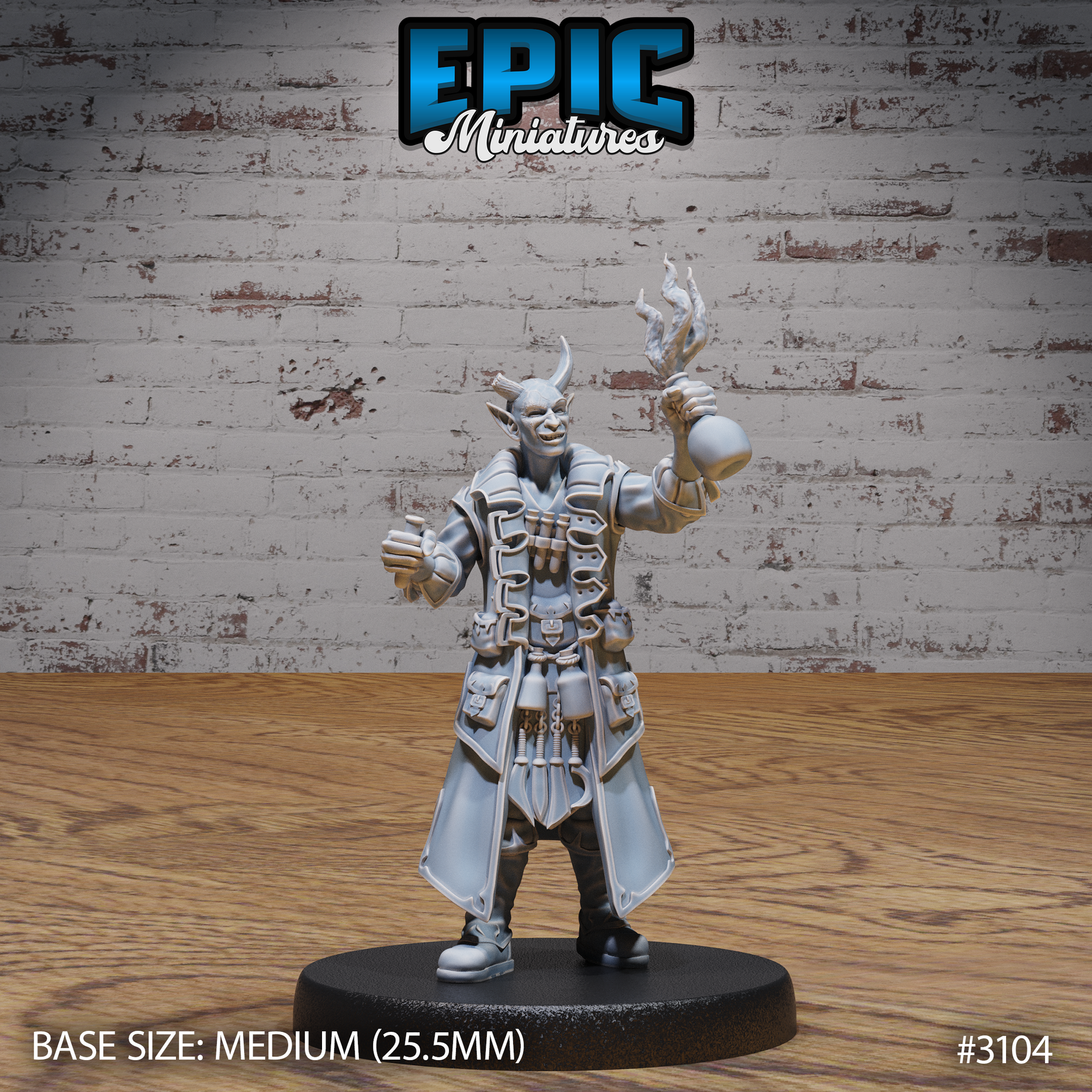 Grinning tiefling male with small curved horns, raising a round potion bottle crowned with conjured flames in one hand while the other hangs loose at his side, wearing a long layered coat with shoulder armour, belt pouches, and tool straps. Sculpt by Epic Miniatures.