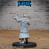 Tiefling male seen from behind, one arm raised overhead holding a flaming potion bottle, wearing a floor-length layered coat with a broad collar and a reinforced back panel, boots visible below the coat hem. Sculpt by Epic Miniatures.