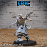 Half-dragon sorcerer advancing in flowing robes, thrusting a broad-bladed sword forward, left hand holding a chakram. Horned head, scaled clawed arms, ornate scroll-trimmed robes. Epic Miniatures sculpt.
