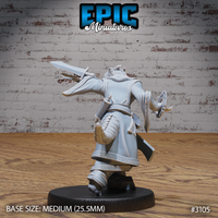 Half-dragon sorcerer seen from behind, sword raised in right hand, chakram held low in left. Scrollwork hem detail on robes, scaled arms and clawed feet visible. Horns crown the head. Epic Miniatures sculpt.