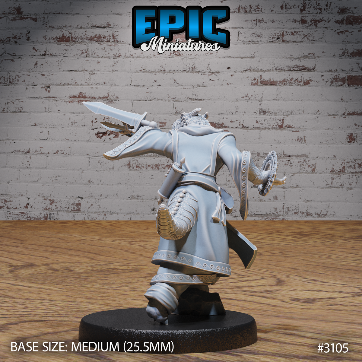 Half-dragon sorcerer seen from behind, sword raised in right hand, chakram held low in left. Scrollwork hem detail on robes, scaled arms and clawed feet visible. Horns crown the head. Epic Miniatures sculpt.