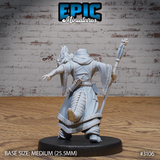 Half-dragon sorcerer miniature with horned draconic head, wielding a tall staff with flame finial, robes embossed with dragon motif, accompanied by a large sculpted fire-breath effect. Epic Miniatures.