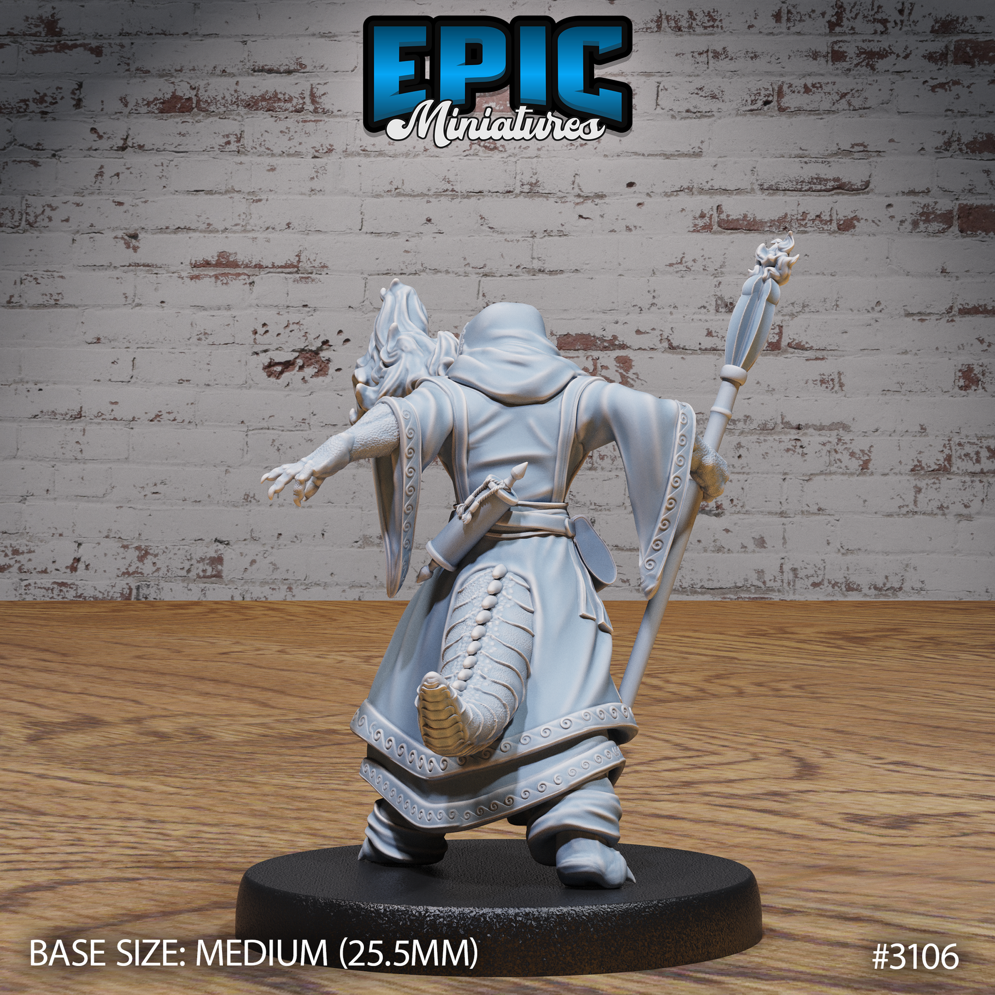 Half-dragon sorcerer miniature with horned draconic head, wielding a tall staff with flame finial, robes embossed with dragon motif, accompanied by a large sculpted fire-breath effect. Epic Miniatures.