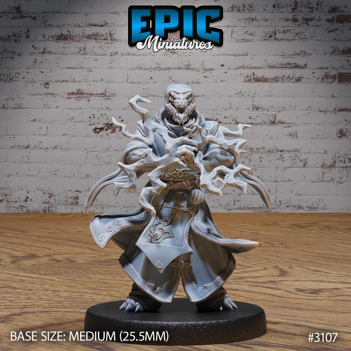 Half-dragon sorcerer with splayed clawed arms and open serpentine jaws, robes billowing wide, surrounded by crackling energy tendrils. Sculpt by Epic Miniatures.