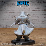 Half-dragon sorcerer from behind showing an ornate scrollwork coat border, segmented draconic tail, and a dagger tucked at the waist. Sculpt by Epic Miniatures.