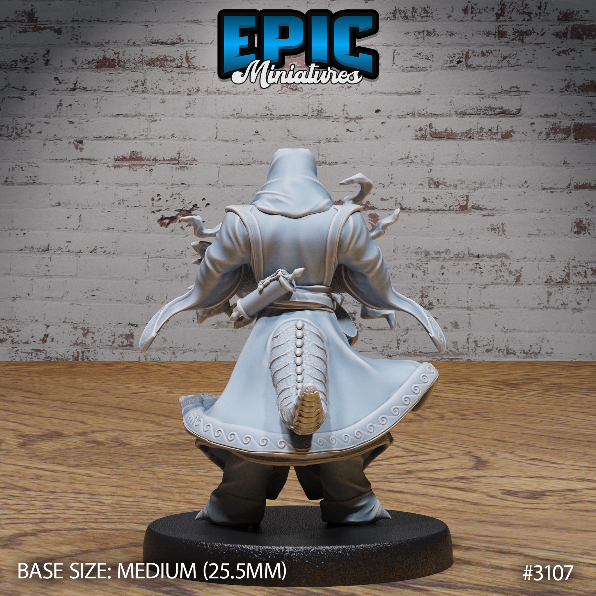 Half-dragon sorcerer from behind showing an ornate scrollwork coat border, segmented draconic tail, and a dagger tucked at the waist. Sculpt by Epic Miniatures.