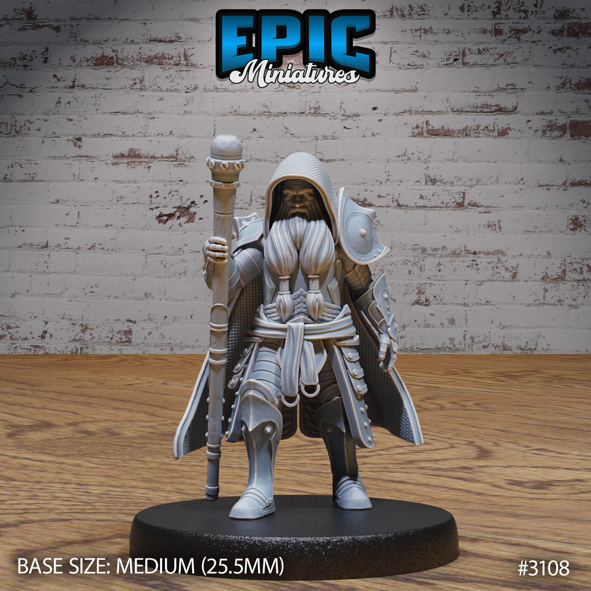 Stocky dwarf cleric gripping an orb-topped staff, wearing layered robes over plate armour with a chainmail hood framing a broad bearded face. Tasselled rope-work at the waist. Epic Miniatures sculpt.