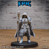 Stocky dwarf cleric gripping an orb-topped staff, wearing layered robes over plate armour with a chainmail hood framing a broad bearded face. Tasselled rope-work at the waist. Epic Miniatures sculpt.