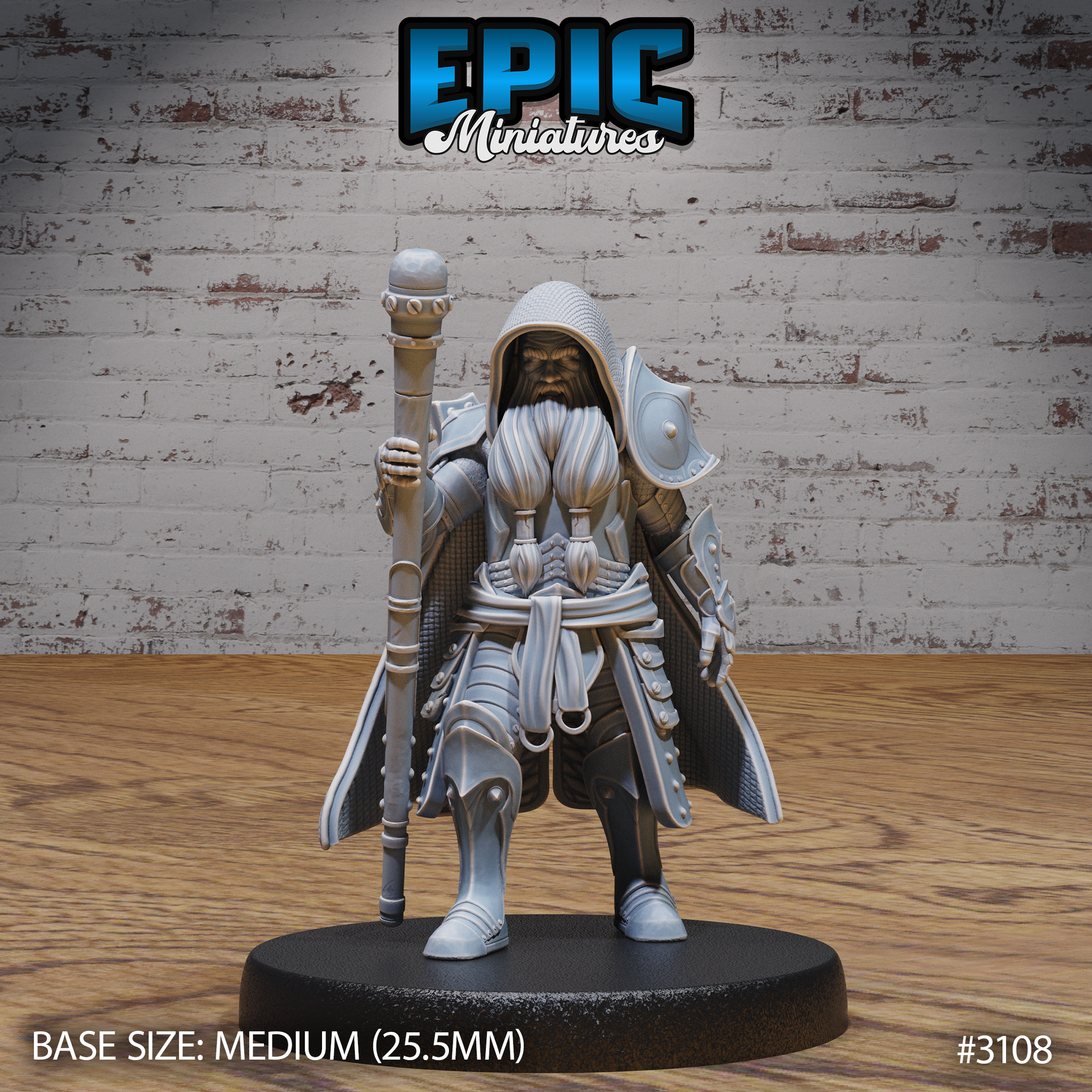 Stocky dwarf cleric gripping an orb-topped staff, wearing layered robes over plate armour with a chainmail hood framing a broad bearded face. Tasselled rope-work at the waist. Epic Miniatures sculpt.