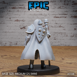 Rear of a dwarf cleric showing a large round-bossed shield strapped to his back, a flowing chainmail-textured cape, and articulated pauldrons with riveted detail. Epic Miniatures sculpt.