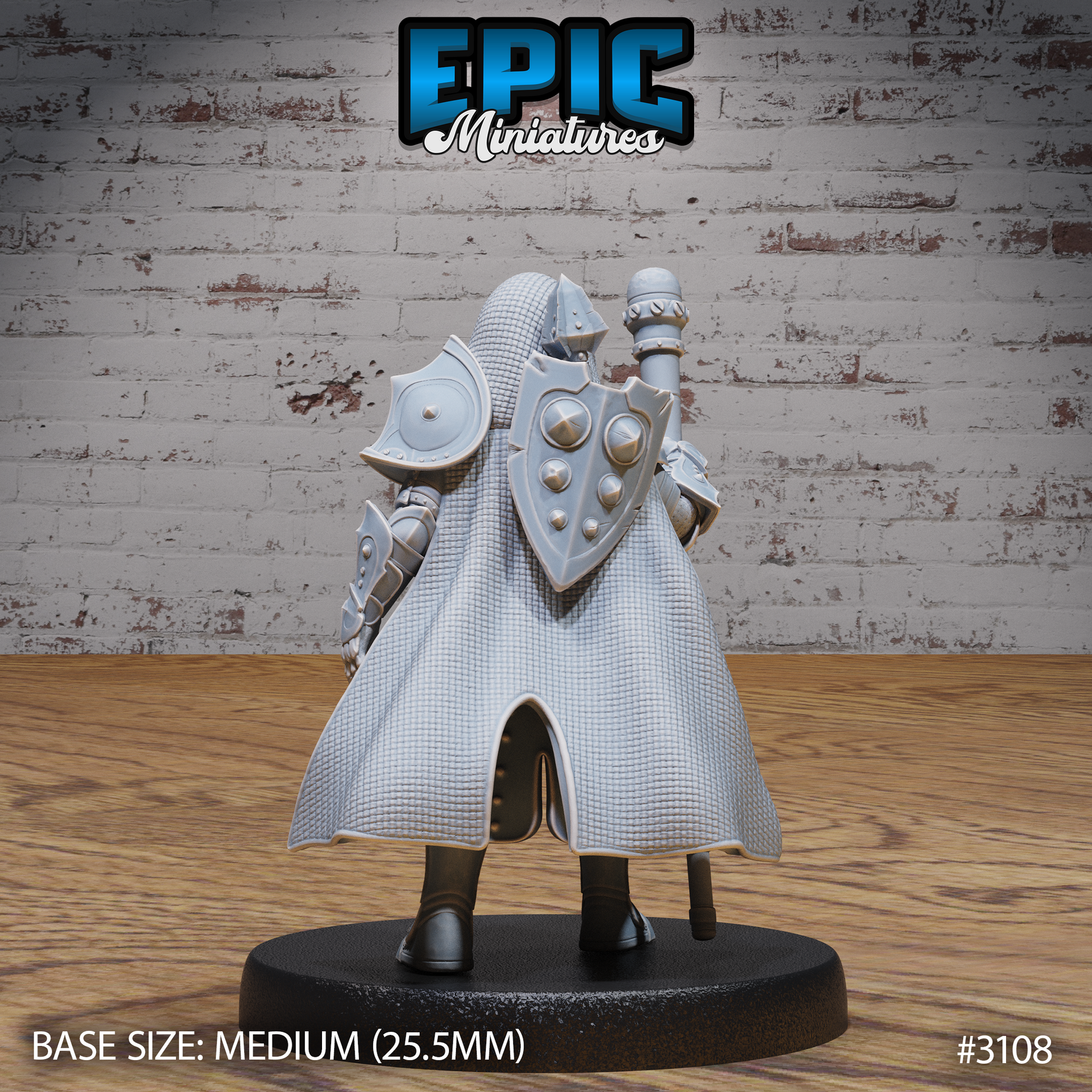 Rear of a dwarf cleric showing a large round-bossed shield strapped to his back, a flowing chainmail-textured cape, and articulated pauldrons with riveted detail. Epic Miniatures sculpt.