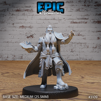 Broad-shouldered dwarf cleric with a long braided beard, holding an open spellbook in one hand and raising the other with spread fingers mid-cast, wearing layered armour with pauldrons and a flowing cape. Sculpt by Epic Miniatures.