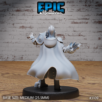 Dwarf cleric seen from behind, displaying a sweeping quilted cape falling to the knees, armoured pauldrons, and both hands raised outward with clawed fingers spread. Rocky fragments detail the base. Sculpt by Epic Miniatures.