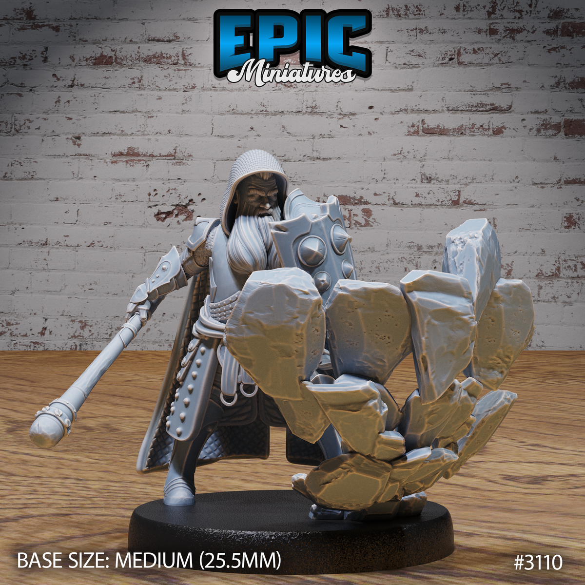 Bearded dwarf cleric in scale mail and coif, raising a studded shield and mace, with large jagged stone slabs erupting around his base. Sculpt by Epic Miniatures.