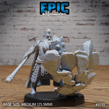 Bareheaded dwarf cleric with long white hair, shield raised and mace at his side, surrounded by exploding stone slabs on a scenic base. Sculpt by Epic Miniatures.