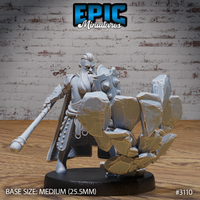Bareheaded dwarf cleric with long white hair, shield raised and mace at his side, surrounded by exploding stone slabs on a scenic base. Sculpt by Epic Miniatures.