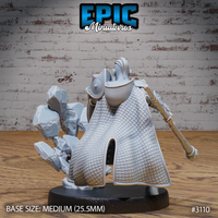 Dwarf cleric miniature by Epic Miniatures showing layered armour, studded shield detail, and a dramatic base of shattered rock fragments erupting outward.