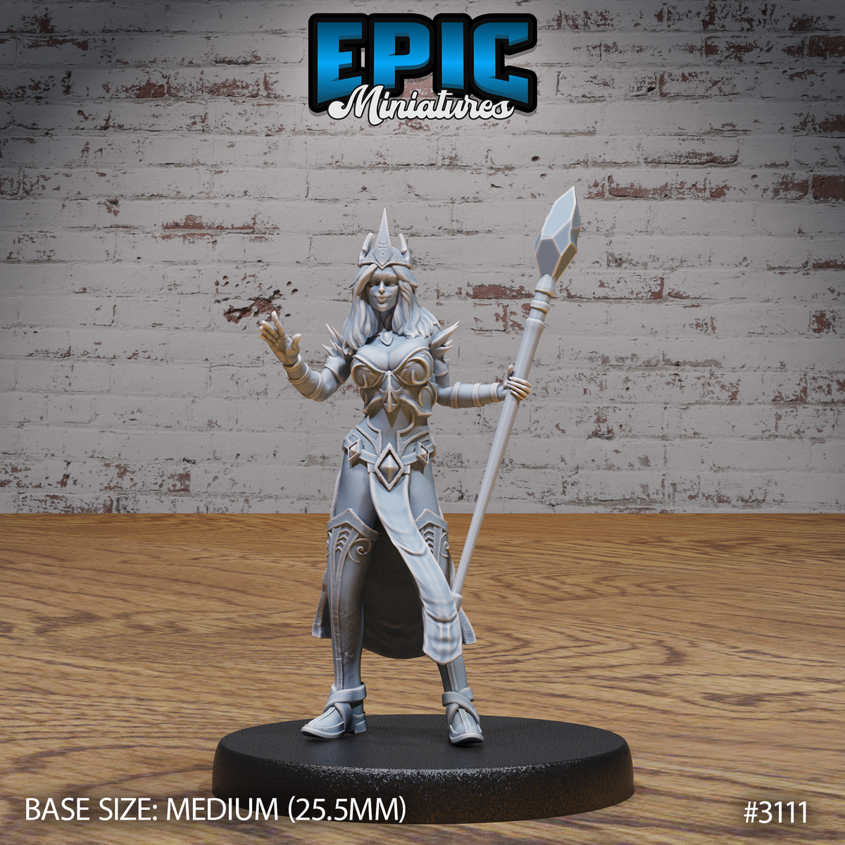 Female wizard facing forward, spiked crown on her head, crystal-tipped staff held at an angle in one hand, other hand raised mid-cast with fingers splayed. Sculpt by Epic Miniatures.