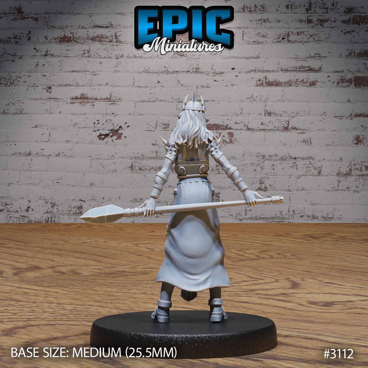 Female wizard in layered plate armour seen from behind, long hair falling to mid-back, gripping a crystal-tipped staff horizontally at waist height, skirt flowing to armoured greaves. Sculpt by Epic Miniatures.
