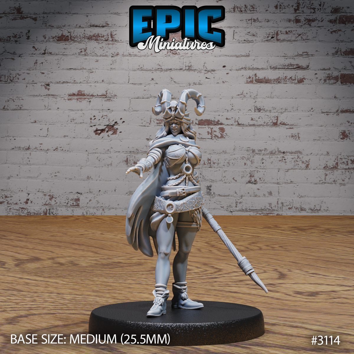 Female druid miniature wearing a horned helm with bird skull, extending one hand forward, holding a spear-tipped staff at her side, with layered armour, decorative belt, and a sweeping cloak. Sculpt by Epic Miniatures.