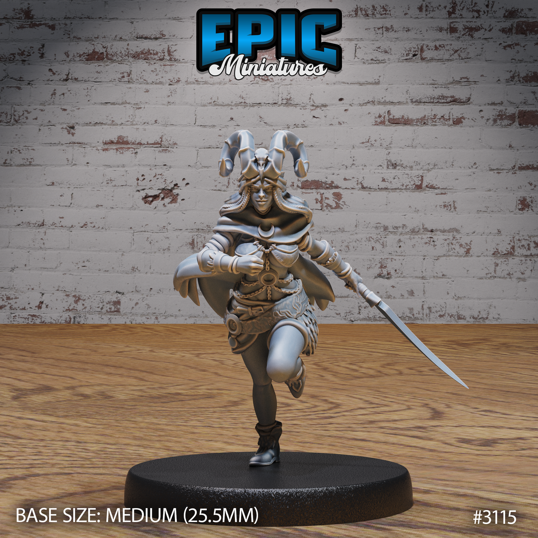 Female druid sprinting forward, one knee raised, wearing a horned skull-topped helmet with a crescent clasp cape. Long rapier held low in trailing hand. Feathered skirt and layered cloak. Epic Miniatures sculpt #3115.